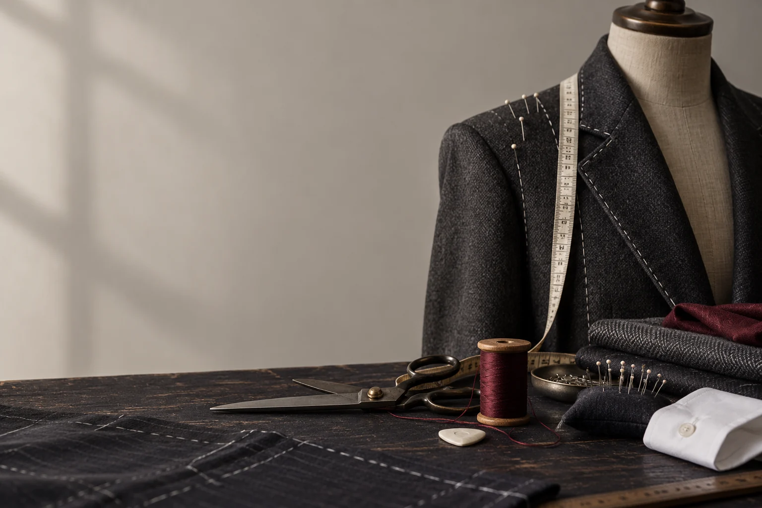Illustrative tailoring workroom with navy cloth, measuring tape and wooden forms; not the merchant studio, staff or finished customer garment.